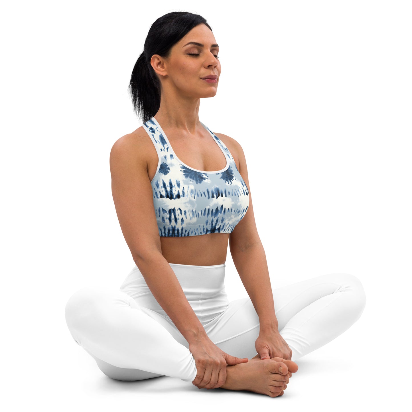 Dreamy Dear Sports Bra, Blue Tie Dye Splotch