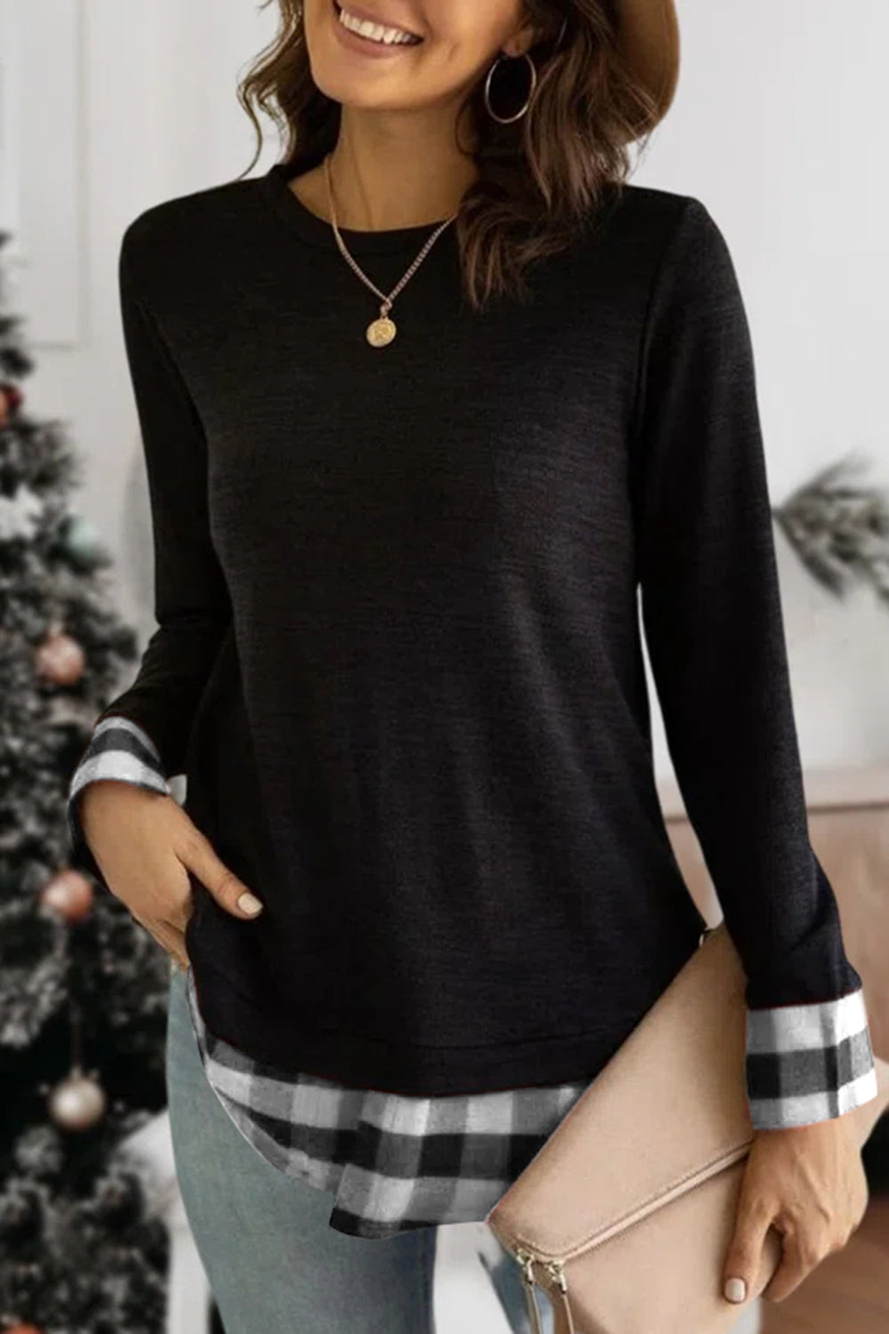 Plaid Round Neck Long Sleeve T-Shirt