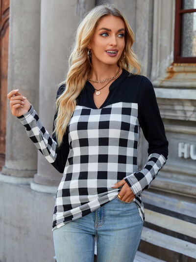 Plaid Notched Long Sleeve T-Shirt