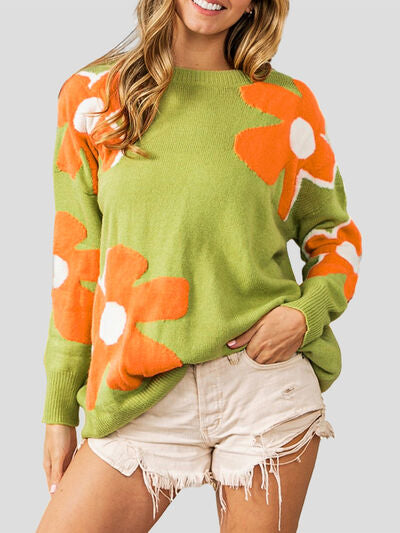 （No）Flower Round Neck Dropped Shoulder Sweater