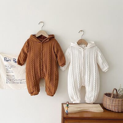 Cable-Knit Long Sleeve Hooded Snapped Jumpsuit