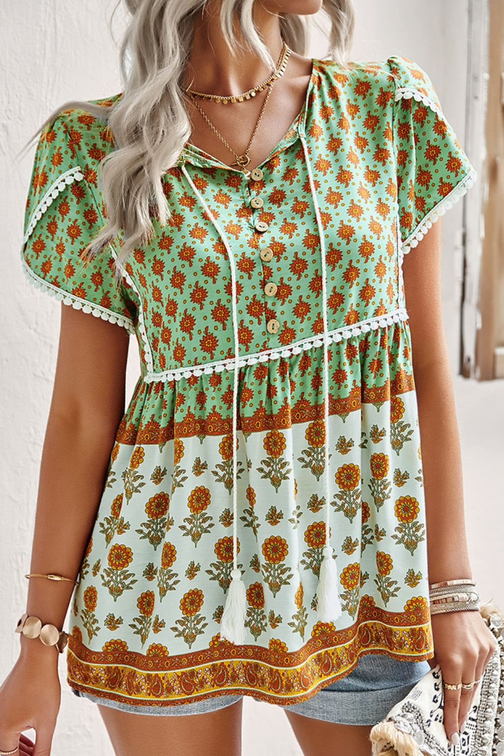 Bohemian Tie Neck Buttoned Blouse