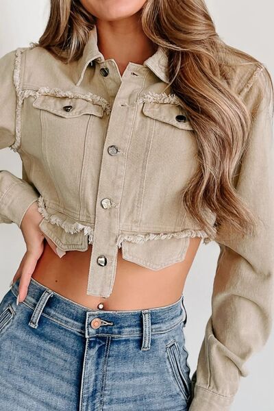 Raw Hem Button Up Cropped Denim Top