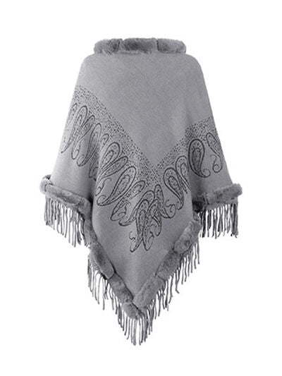 Graphic Fringe Cape Sleeve Poncho