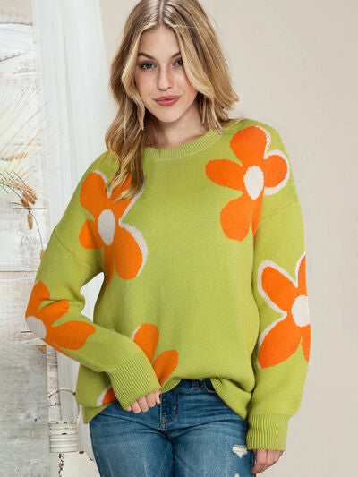 （No）Flower Round Neck Dropped Shoulder Sweater