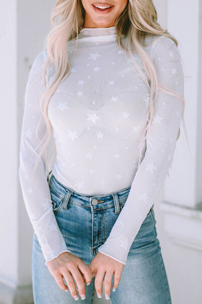 Star Pattern Mock Neck Long Sleeve Blouse