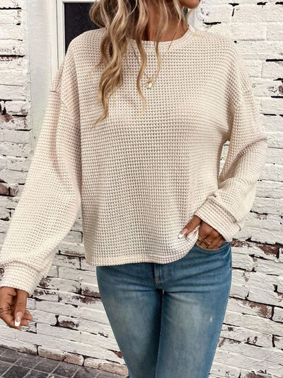 Waffle-Knit Round Neck Long Sleeve T-Shirt