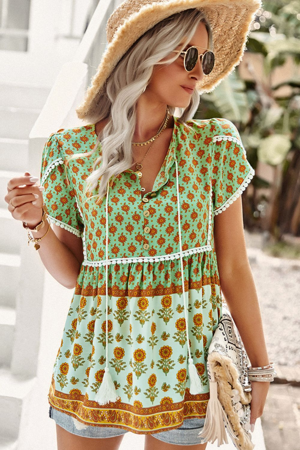 Bohemian Tie Neck Buttoned Blouse