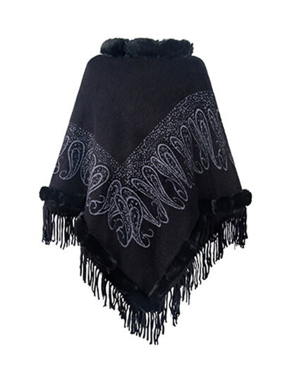 Graphic Fringe Cape Sleeve Poncho